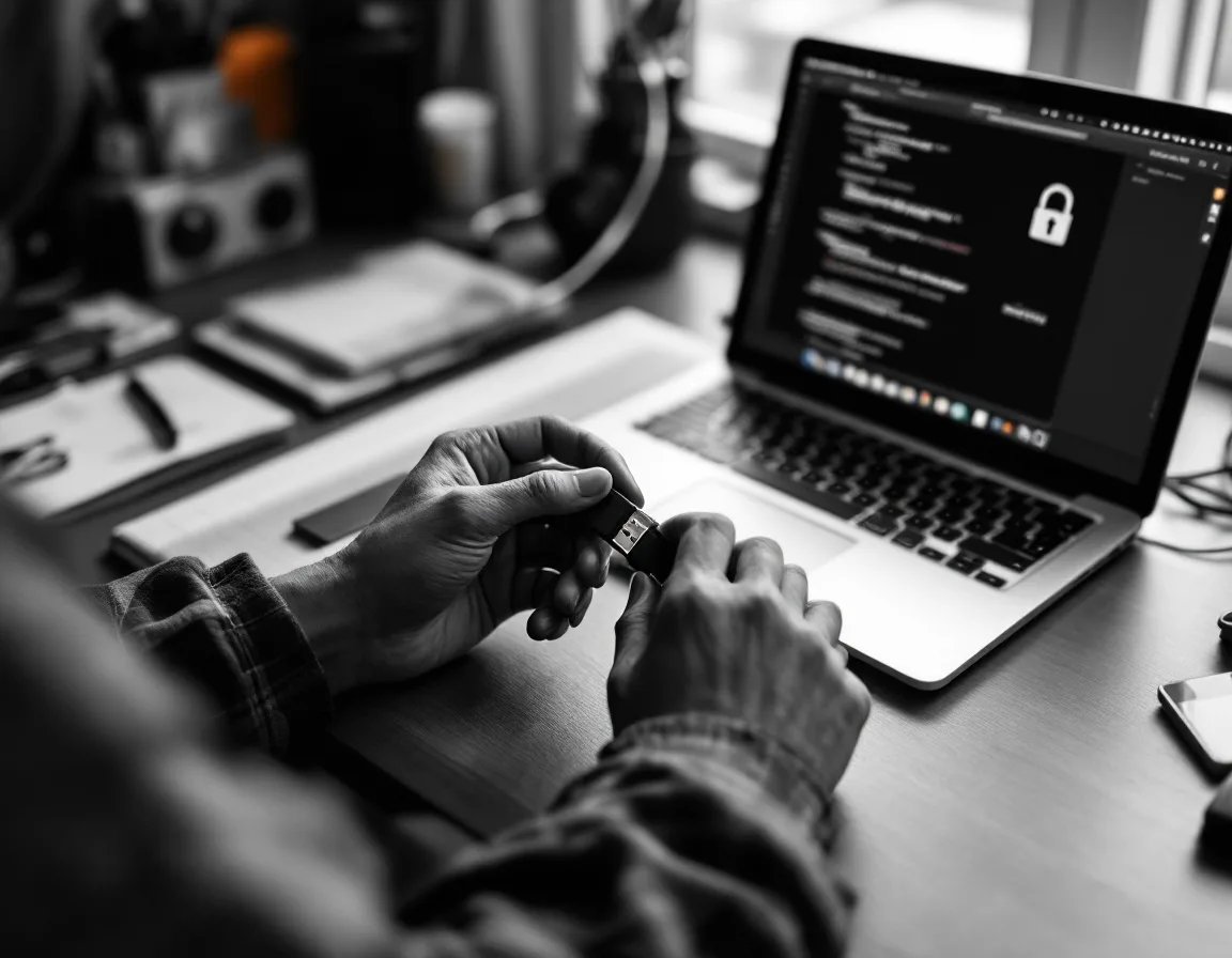 Hands holding a hardware security key over a laptop keyboard